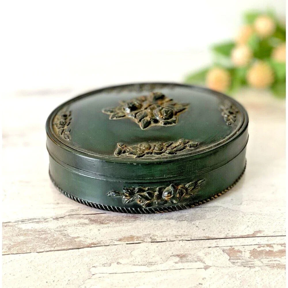 Vintage Victorian Revival Imitation Jet Carved Roses Jewelry Box Black Gothic